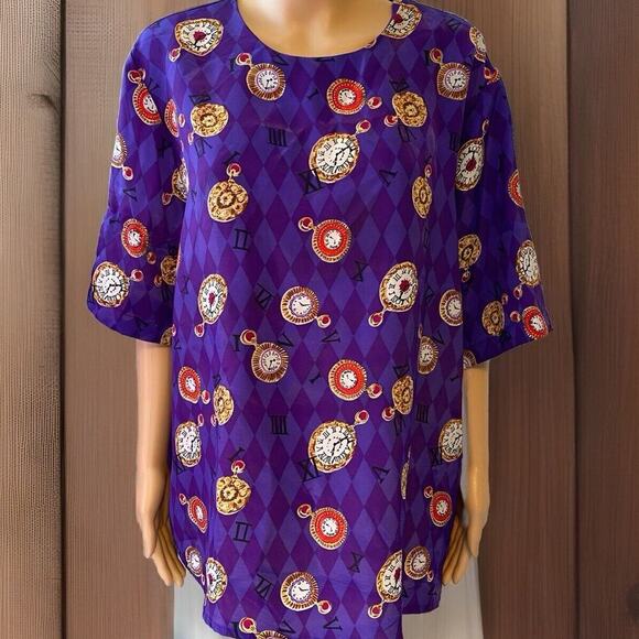Vintage 90s Notations Top Blouse Women Plus20W Purple Old ClockPrint Retro Oldie - Picture 1 of 8